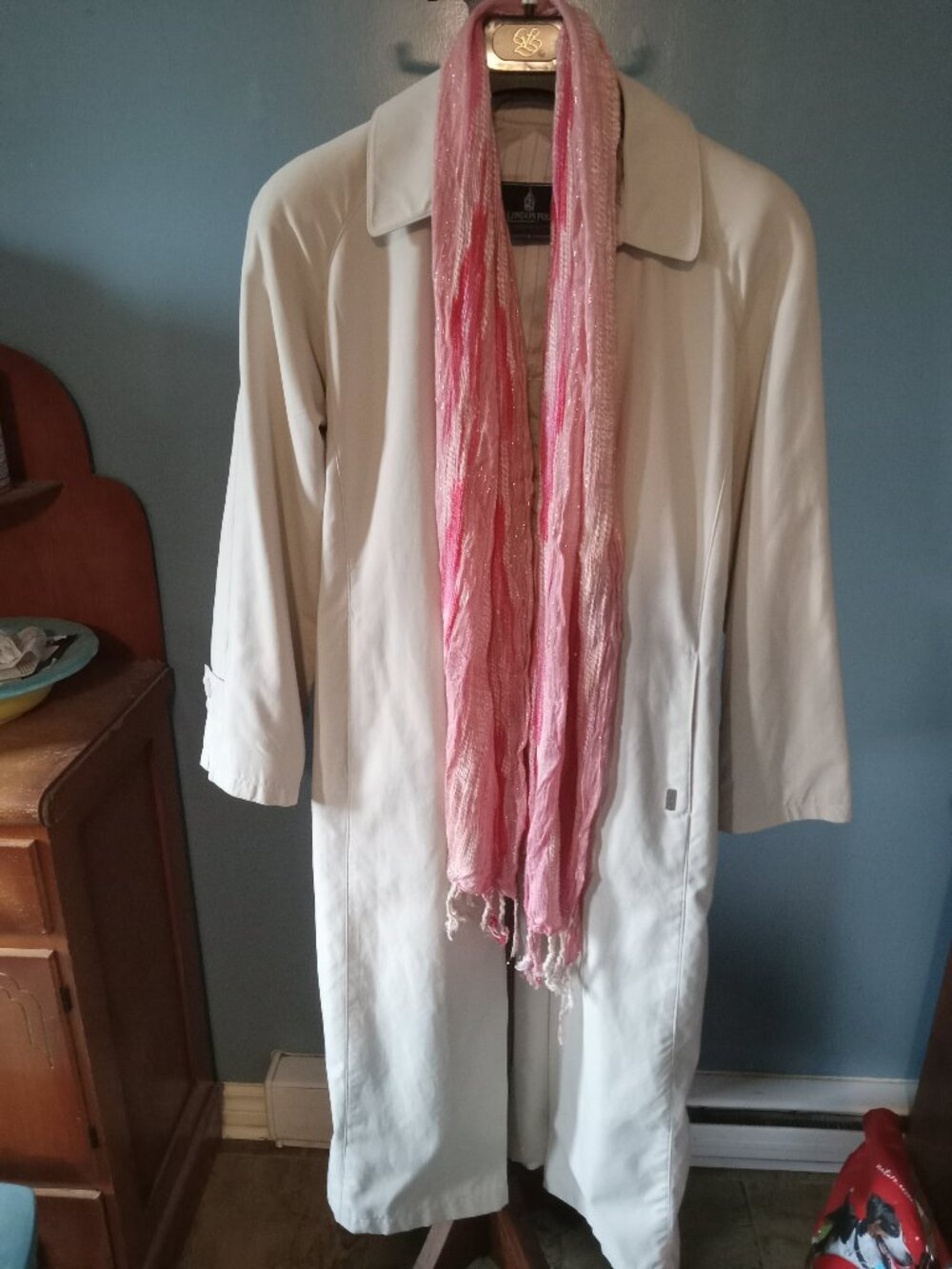 Ladies soft cream London Fog trench coat with pockets and pink scarf